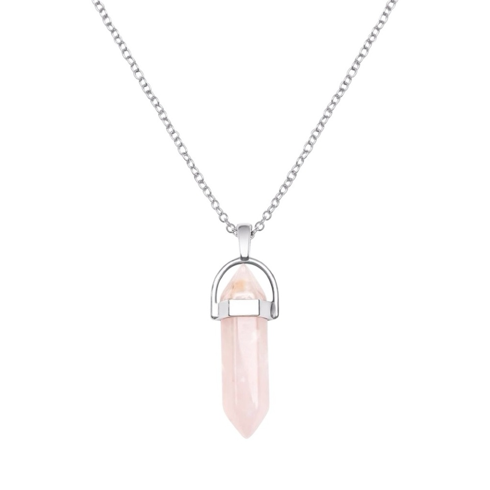 ROSE QUARTZ SILVER PLATED CRYSTAL DROP CHARM NECKLACE - BRAND NEW